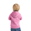 Toddler wearing pink hoodie and jeans, back