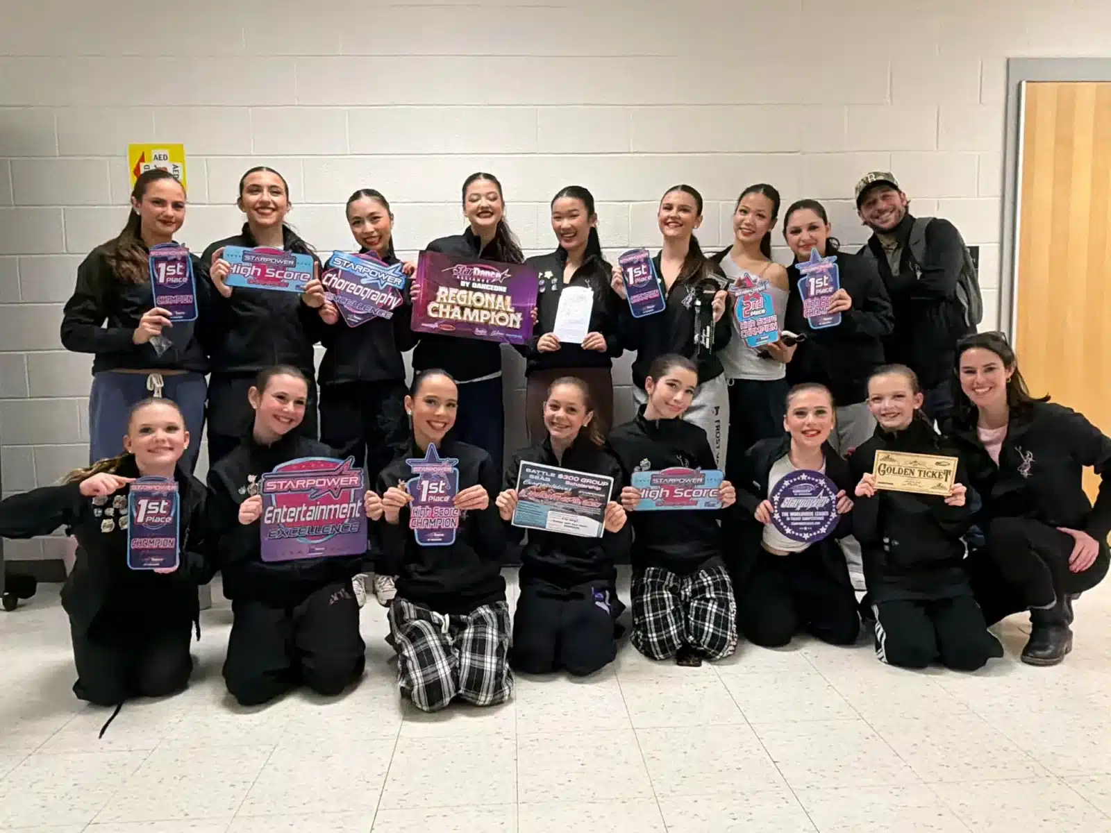 Group of dancers posing in a hallway, holding awards and certificates for first place and high scores.