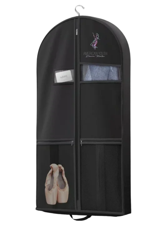 AYDT black garment bag with storage pockets and clear ID windows