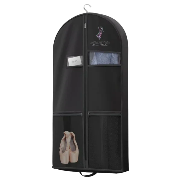AYDT black garment bag with storage pockets and clear ID windows