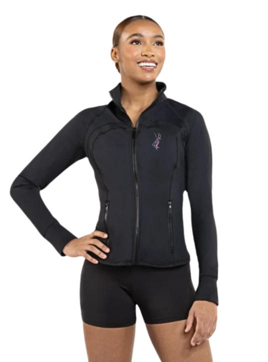 AYDT black fitted full-zip dance jacket with thumbhole cuffs and zip pockets