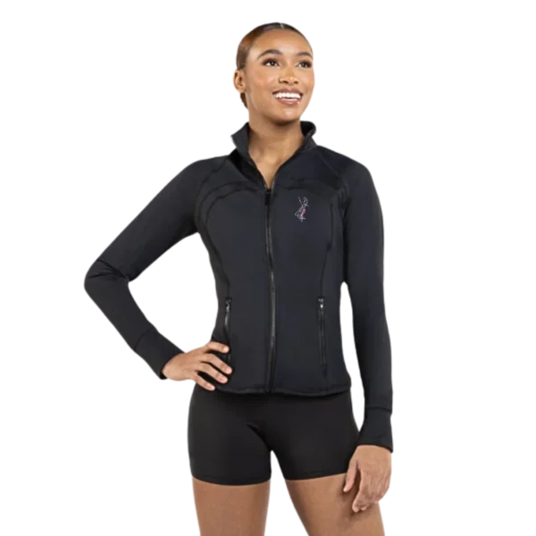 AYDT black fitted full-zip dance jacket with thumbhole cuffs and zip pockets